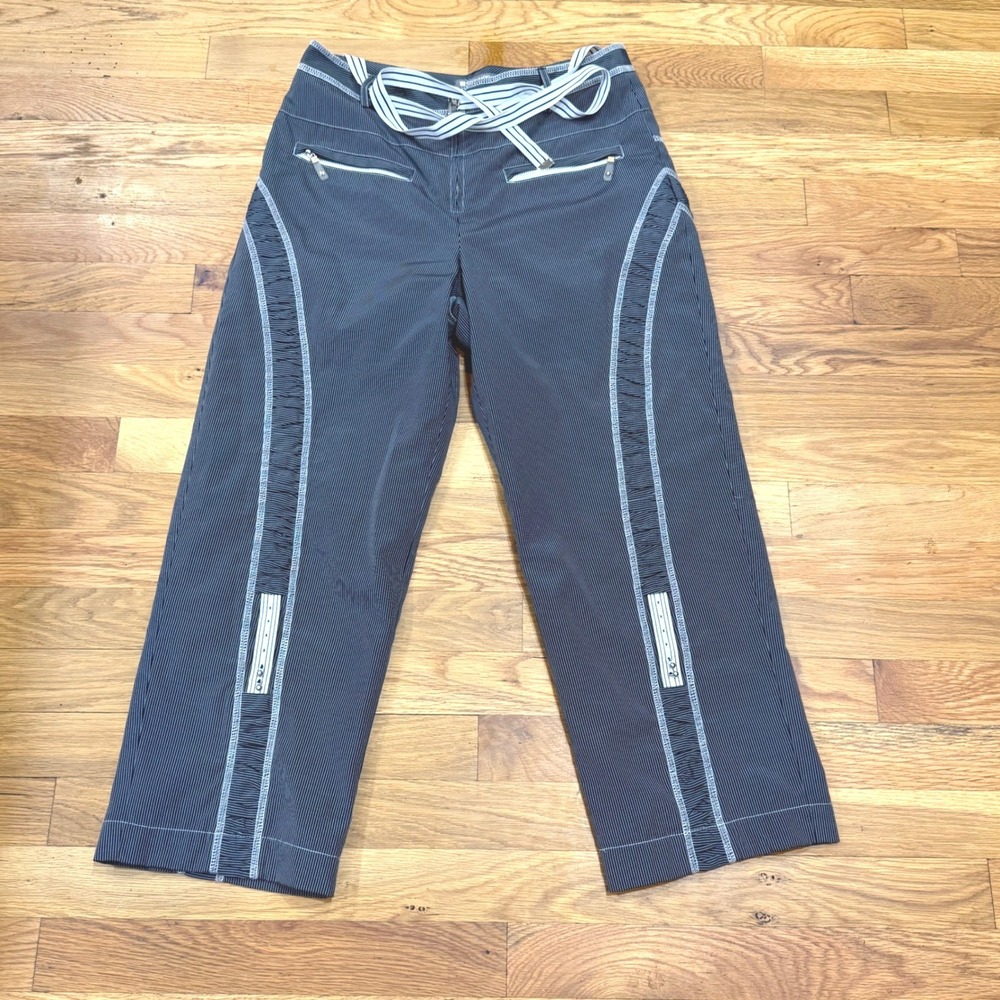Spanner‎ Womens Pinstripe Wide Leg Utility Pants Black White Contrast Stitch 4R